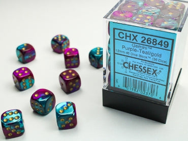 Gemini - Purple-Teal w/Gold - 12mm d6 Dice Block (36 dice)