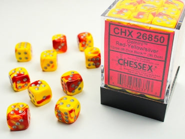 Gemini - Red-Yellow w/Silver - 12mm d6 Dice Block (36 dice)