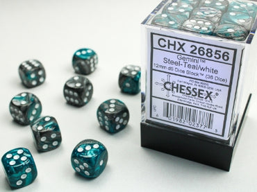 Gemini - Steel-Teal w/White - 12mm d6 Dice Block (36 dice)