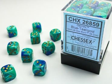 Gemini - Blue-Teal w/Gold - 12mm d6 Dice Block (36 dice)