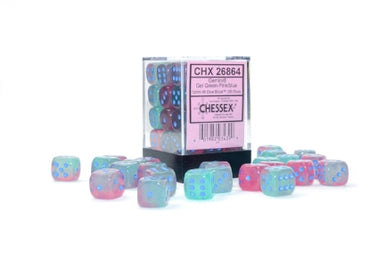Gemini - Green-Pink w/Blue Luminary - 12mm d6 Dice Block (36 dice)