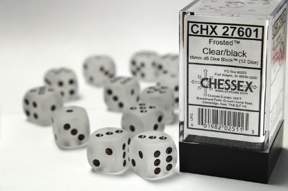 Frosted - Clear w/Black - 16mm d6 Dice Block (12 dice)