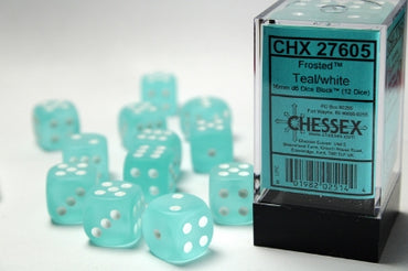Frosted - Teal w/White - 16mm d6 Dice Block (12 dice)