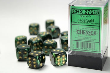 Scarab - Jade w/Gold - 16mm d6 Dice Block (12 dice)