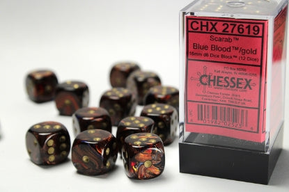 Scarab - Blue Blood w/Gold - 16mm d6 Dice Block (12 dice)