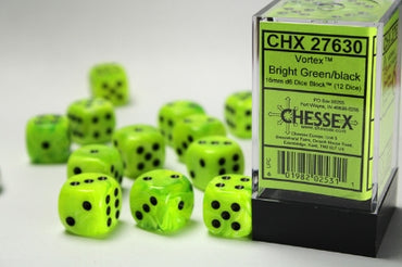 Vortex - Bright Green w/Black - 16mm d6 Dice Block (12 dice)