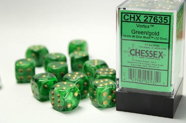 Vortex - Green w/Gold - 16mm d6 Dice Block (12 dice)