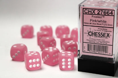 Frosted - Pink w/White - 16mm d6 Dice Block (12 dice)