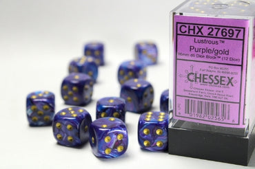 Lustrous - Purple w/Gold - 16mm d6 Dice Block (12 dice)