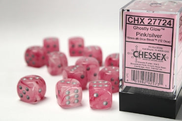 Ghostly Glow - Pink w/Silver - 16mm d6 Dice Block (12 dice)