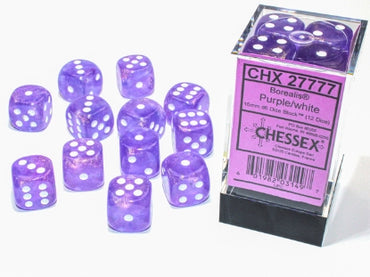 Borealis - Purple w/White Luminary - 16mm d6 Dice Block (12 dice)