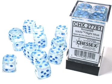 Borealis - Icicle w/Light Blue Luminary - 16mm d6 Dice Block (12 dice)