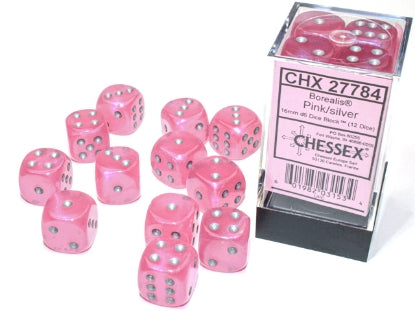 Borealis - Pink w/Silver Luminary - 16mm d6 Dice Block (12 dice)