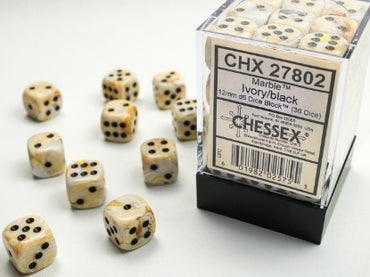 Marble - Ivory w/Black - 12mm d6 Dice Block (36 dice)