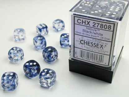 Nebula - Black w/White - 12mm d6 Dice Block (36 dice)