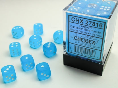 Frosted - Caribbean Blue w/White - 12mm d6 Dice Block (36 dice)