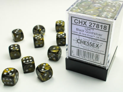 Leaf - Black Gold w/Silver - 12mm d6 Dice Block (36 dice)