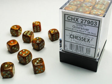 Glitter - Gold w/Silver - 12mm d6 Dice Block (36 dice)