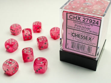 Ghostly Glow - PInk w/Silver - 12mm d6 Dice Block (36 dice)