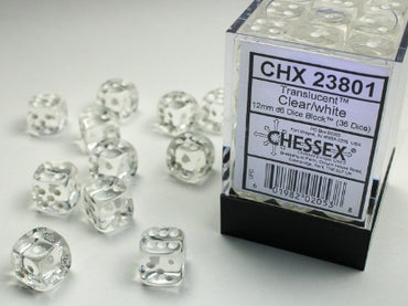 Translucent - Clear w/White - 12mm d6 Dice Bloack (36 dice)