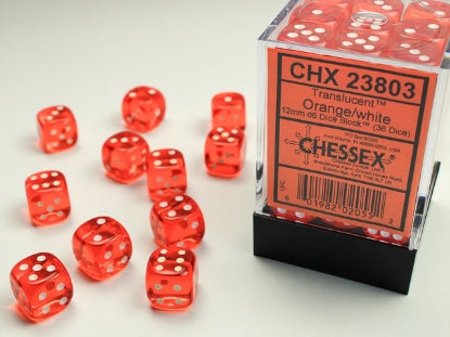 Translucent - Orange w/White - 12mm d6 Dice Bloack (36 dice)