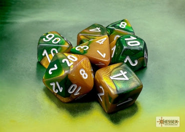 Gemini - Gold-Green w/White - Polyhedral 7-Die Set