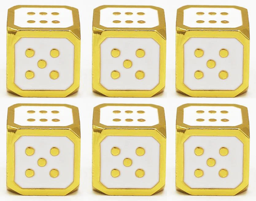 12mm Metal Pip D6 Dice - White / Gold / Set of Six