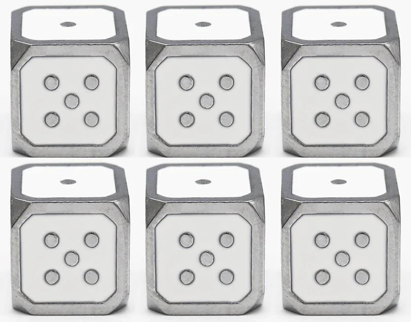 12mm Metal Pip D6 Dice - White / Silver / Set of Six