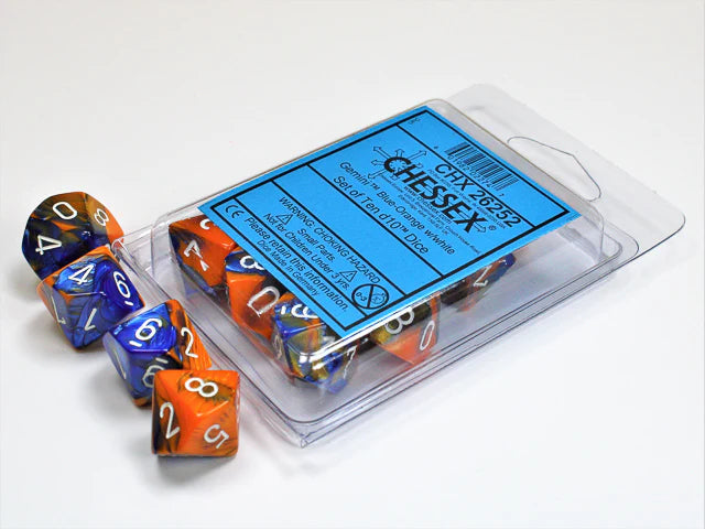 Gemini - Blue-Orange w/White - Set of Ten d10s