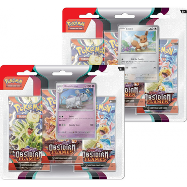 Shows alternate photos of Three Obsidian Flame boosters with an Eevee or Houndstone card