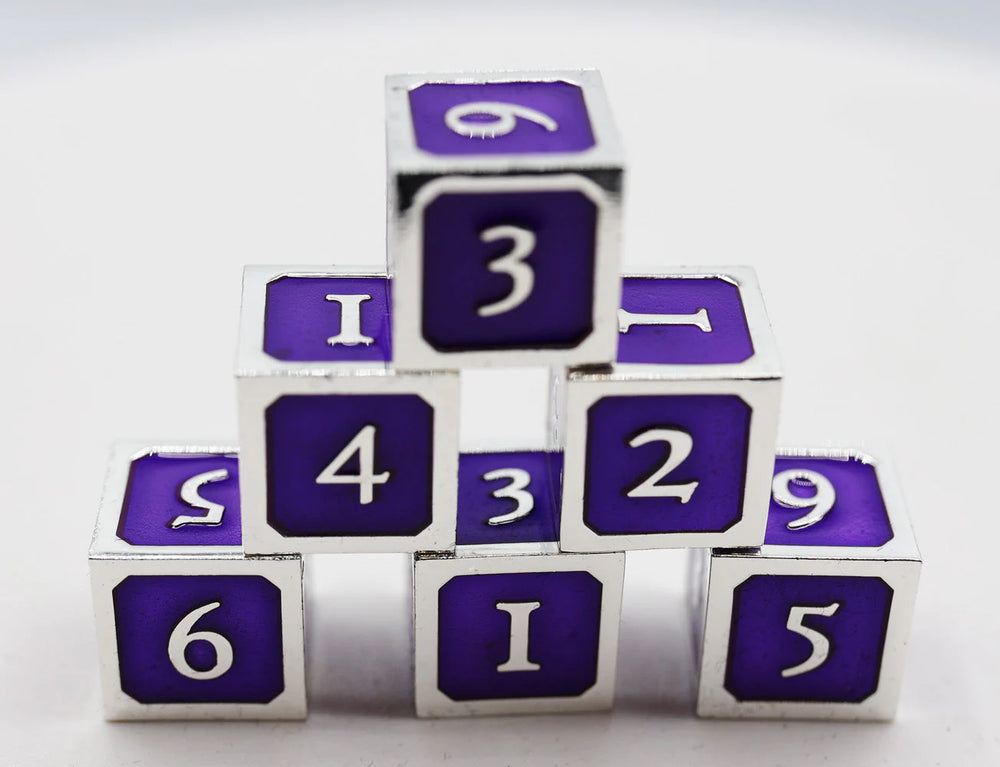 6 PIECE METAL D6'S - PURPLE AND SILVER