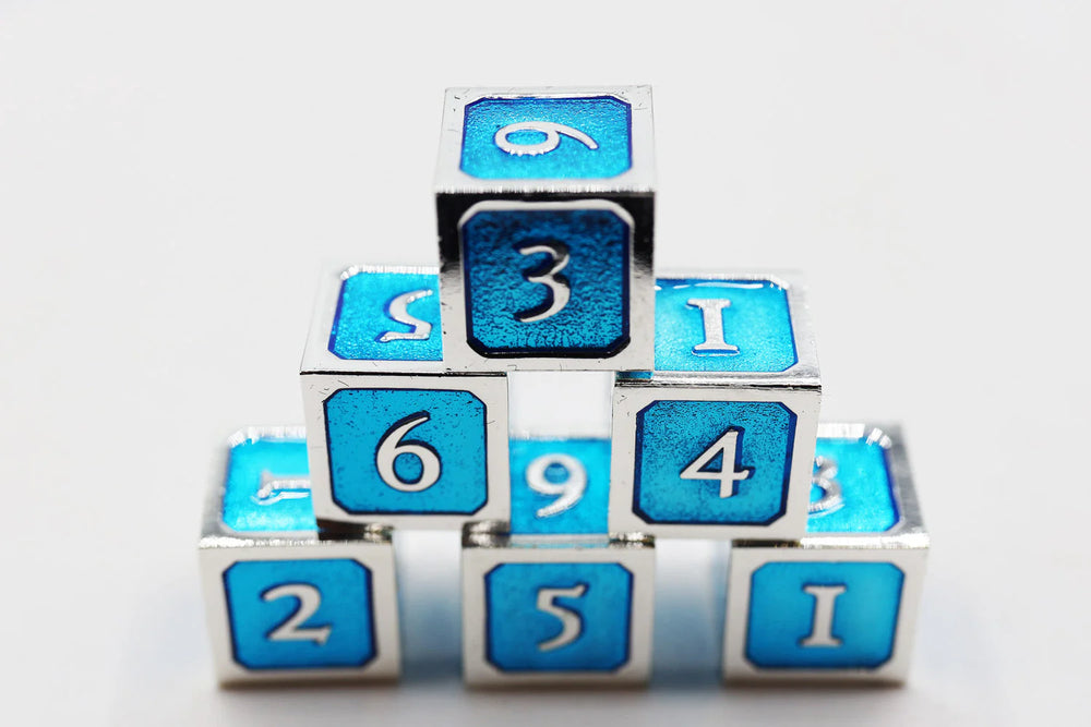 6 PIECE METAL D6'S - BLUE AND SILVER