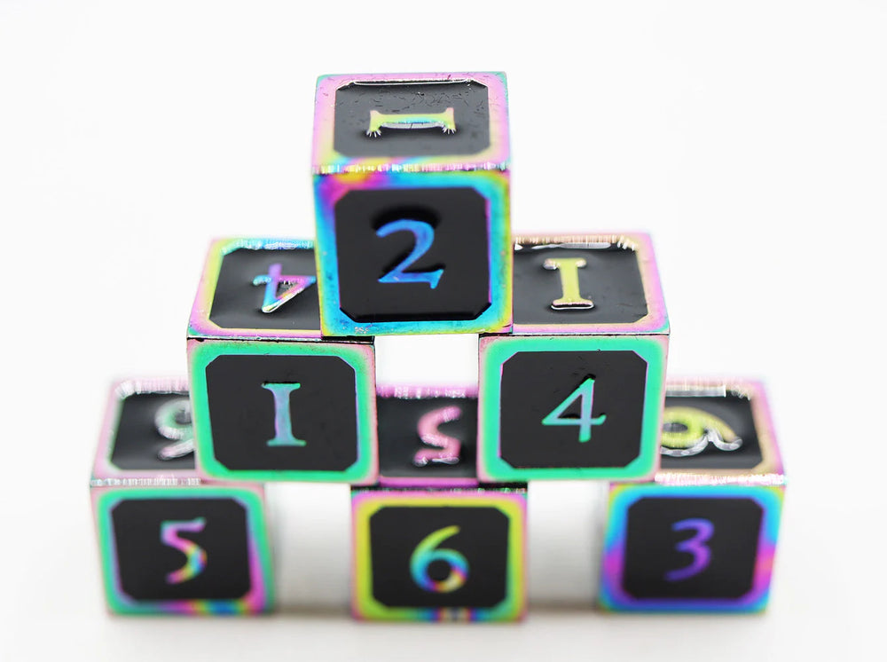 6 PIECE METAL D6'S - BLACK AND BURNT OPAL