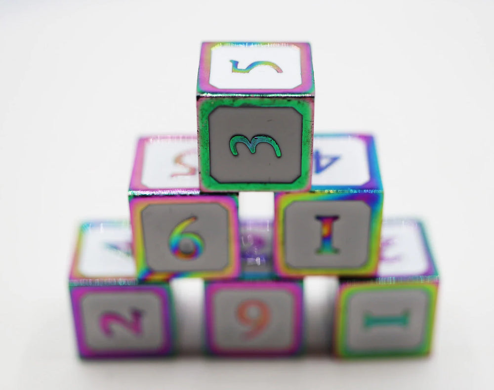 6 PIECE METAL D6'S - WHITE AND BURNT OPAL