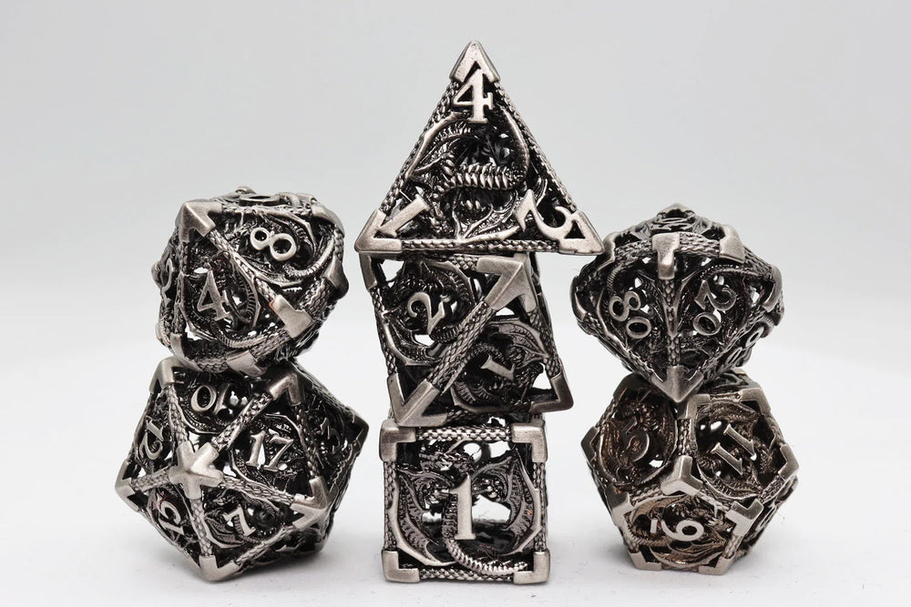 BOUND DRAGON: SILVER - HOLLOW METAL RPG DICE SET