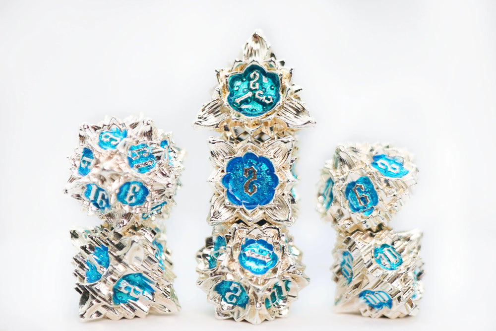FLORAL STARBURST: SILVER BLUEBELLS - METAL RPG DICE SET