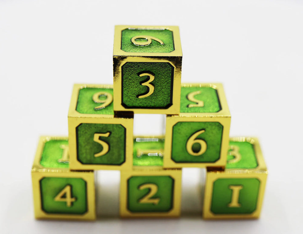 6 PIECE METAL D6'S - GREEN AND GOLD