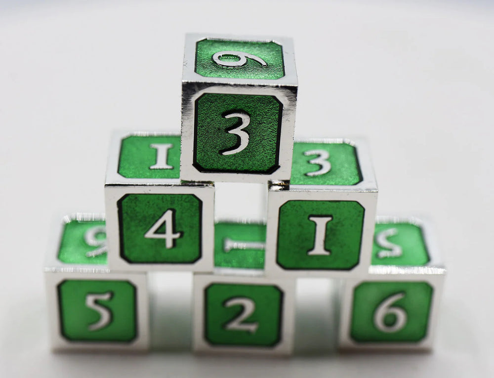 6 PIECE METAL D6'S - GREEN AND SILVER