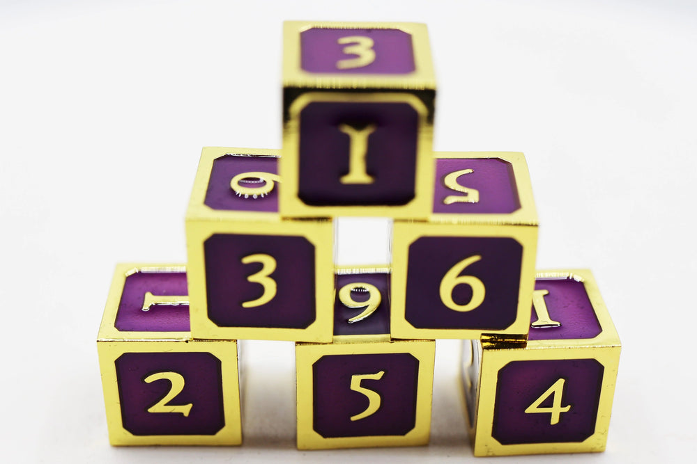 6 PIECE METAL D6'S - PURPLE AND GOLD