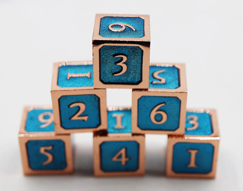 6 PIECE METAL D6'S - BLUE AND COPPER
