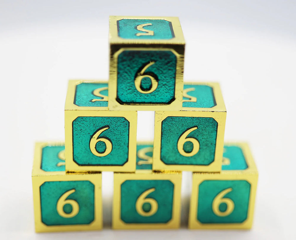 6 PIECE METAL D6'S - TEAL AND GOLD