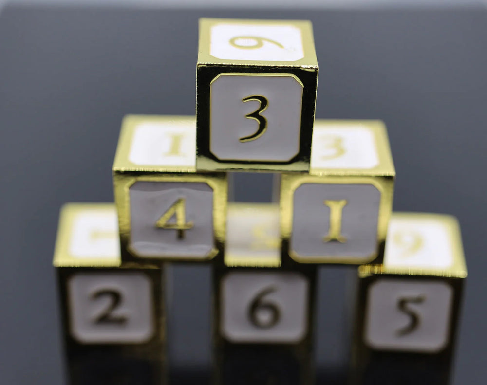 6 PIECE METAL D6'S - WHITE AND GOLD
