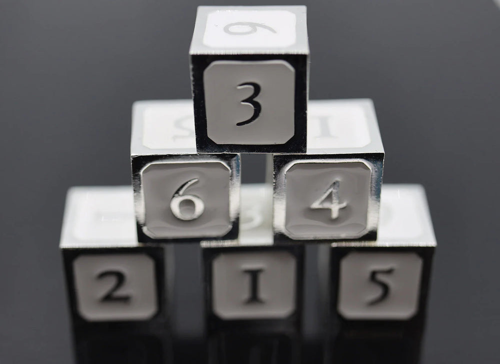 6 PIECE METAL D6'S - WHITE AND SILVER