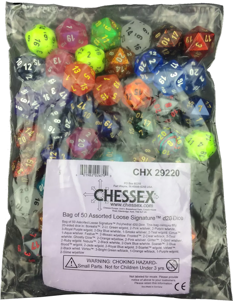Bag of 50 Assorted Loose Signature Polyhedral d20 Dice.
