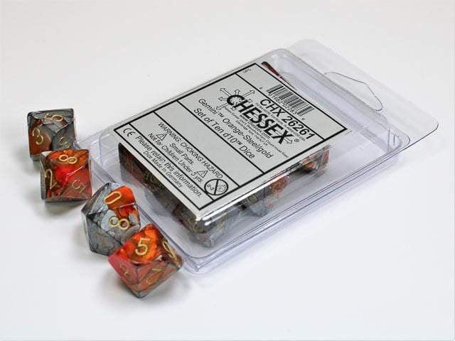Gemini - Orange-Steel w/Gold - Set of Ten d10s