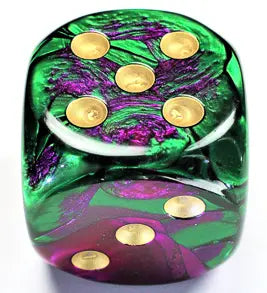 Chessex Gemini┬« 50mm w/pips Green-Purple/gold d6